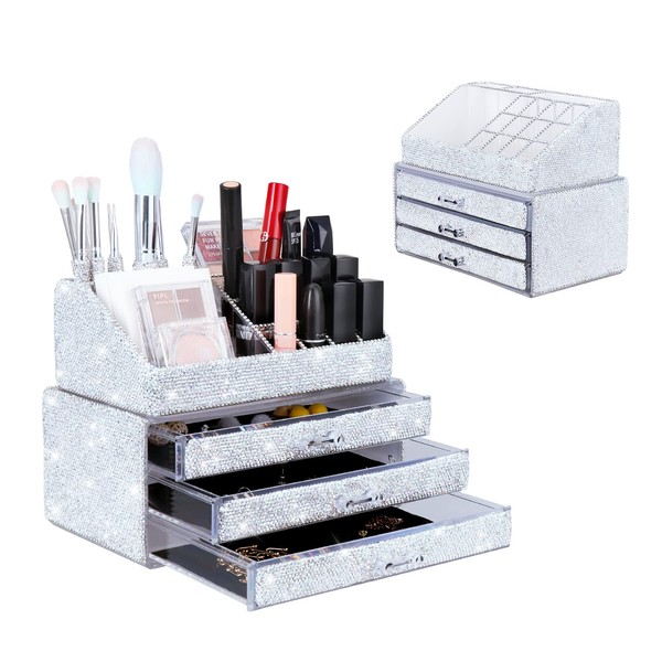 KEYPOWER Makeup Organizers Drawer,Bling Diamond Countertop Jewelry Cosmetic Storage Display Boxes, Makeup Brush Holder for Women,Girls,2 Pieces Set(Purely Handmade) (New White)