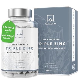 AAVALABS Triple Zinc 25mg - 3 Forms of Zinc with Natural Vitamin C - Zinc Picolinate, Zinc Bisglycinate and Zinc Monomethionine - 180 High Strength Zinc Tablets - 6 Months Supply - Zinc Supplements