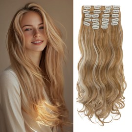 Benehair 22" Clip in Hair Extensions 12 Pcs Long Curly Wave Hair Extensions Clip in Full Head Synthetic Fiber Golden Brown mix Blonde Hair Piece for Women Girls(Golden Brown mix Blonde, 180g)