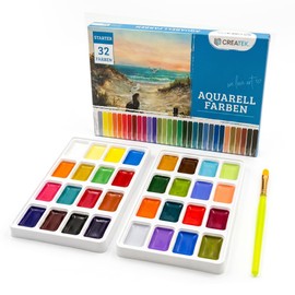 CreaTek Watercolour Paint Set 32 Highly Pigmented Watercolours Including Watercolour Video Course & Painting Templates + Brush - Made in Ukraine - Full 2.7 ml Bowls, Watercolour Set, Watercolour Set