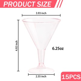 Plastic Martini Glasses, 15PCS Plastic Cocktail Glasses, 180ml Clear Party Cocktail Glasses for Champagne Mocktail Margarita Christmas Wedding Birthdays(Pink)