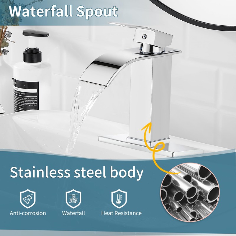 sagetta Waterfall Bathroom Sink Faucet Single Hole Faucet with Three