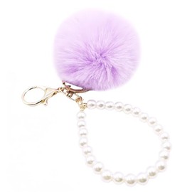 jtkdxqs Soft Pom Pom Key Chains Bag Accessory Puff Ball Key Ring with Pearl Wristlet Bracelet Keychain for Girls Women,light purple