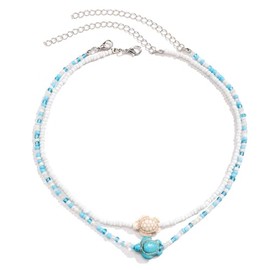 Seashell Puka Summer Choker Necklace Boho Charm Layered Shell Turtle Starfish Conch Ocean Animal Beaded Necklace for Women Bohemian Surfer Hawaiian Beach Holiday Fashion Jewelry Gifts (Blue)