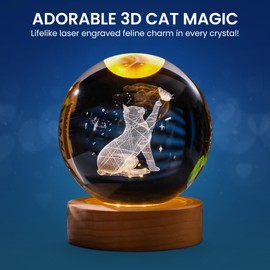 3D Laser Engraved Cat Crystal Ball – K9 Optical Crystal Sphere with LED Light Base