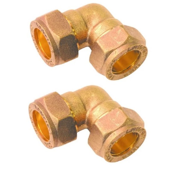 UKDD® 15mm Elbow Angle Brass Compression Connector- Suitable for Copper, Plastic Barrier Pipe WRAS Approved - Pack of 2