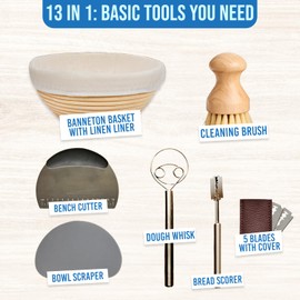 13pcs Premium Sourdough Kit, Dishwasher Safe Sourdough Bread Making Kit with 9" Banneton Bread Proofing Basket, Danish Whisk, Scraper, Scorer & brush, Sourdough Bread Baking Supplies