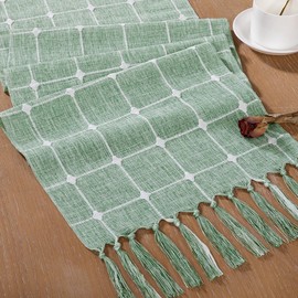 DeZerlor Farmhouse Table Runner Boho Table Runner 90 Inches Long Checkered Linen Table Runner with Tassels Braided Striped Table Runner for Fall Dining Table Home Decor, Emerald Green