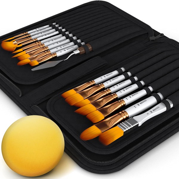 Premium Artist Paint Brush Set of 16 - Includes Palette Knife, Sponge & Organizing Case - Painting Brushes for Kids, Adults or Professionals - Perfect for Your Watercolor, Oil or Acrylic Painting Art