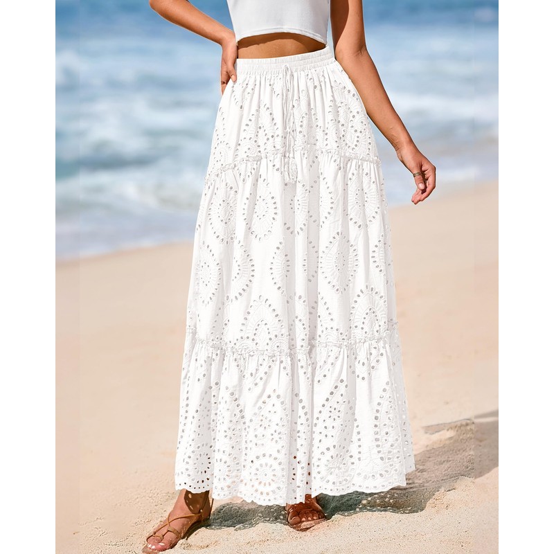 BTFBM Women's Boho Casual Skirts Summer 2025 Lace Embroidery Eyelet