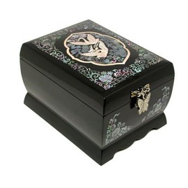 Wooden Musical Jewelry Ring Boxes Crane Mother of Pearl Necklace Hooks Inlaid Trinket Boxes Makeup Mirror Lid 2 Darwers Gift Chest for Women (Black)
