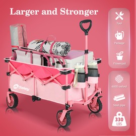 Sekey 330lbs Collapsible Foldable Wagon with Weight Capacity, Heavy Duty Folding Wagon Cart with Big All-Terrain Wheels & Drink Holders. Pink