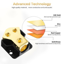 BOJACK 2 Way Splitter Amp Copper Power Distribution Block 0/2/4 AWG Gauge in, 4/8 Gauge Out for Car Audio Splitter (Pack of 1)