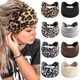 JSTHHTT Pack of 8 Women's Headbands, Wide Elastic Headbands, Soft, Wide Twisted Hair Band, Retro, Leopard Print Hair Accessories, Yoga, Sports Hair Band, Multicoloured Headband for Women