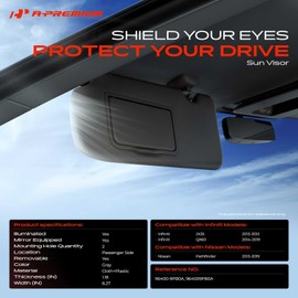 A-Premium Passenger Right Side Sun Visor Compatible with Infiniti JX35, QX60 & Nissan Pathfinder, 2013-2019 - with Vanity Light, with Vanity Mirror, with sliding sun visor extension, Gray Color