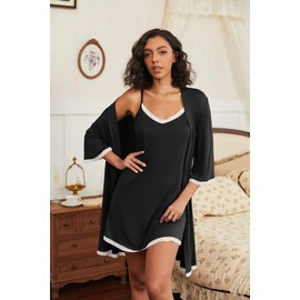 Ekouaer Women's Nightgown and Robe Set 3/4 Sleeves Robes 2 Piece Bathrobe Set V-neck Lace Cami Sleepwear with Pockets Black Large