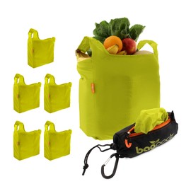 Sturdy Reusable Grocery Bags Foldable and Washable - Made From RipStop Nylon Hold 50lbs - Designed in USA Reusable Shopping Bags Inside a Compact Pod with Carry Clip - 5 Pack in Green