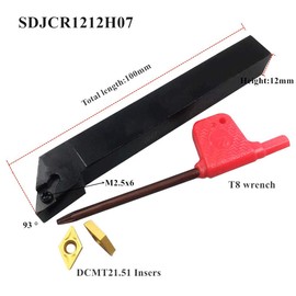 GBJ 93 Degree External Right Hand Turning Holder 1/2" SDJCR 1212H07 with Wrench + 10pcs 55 Degree Diamond Carbide Turning Inserts DCMT21.51 DCMT070204 for Stainless Steel