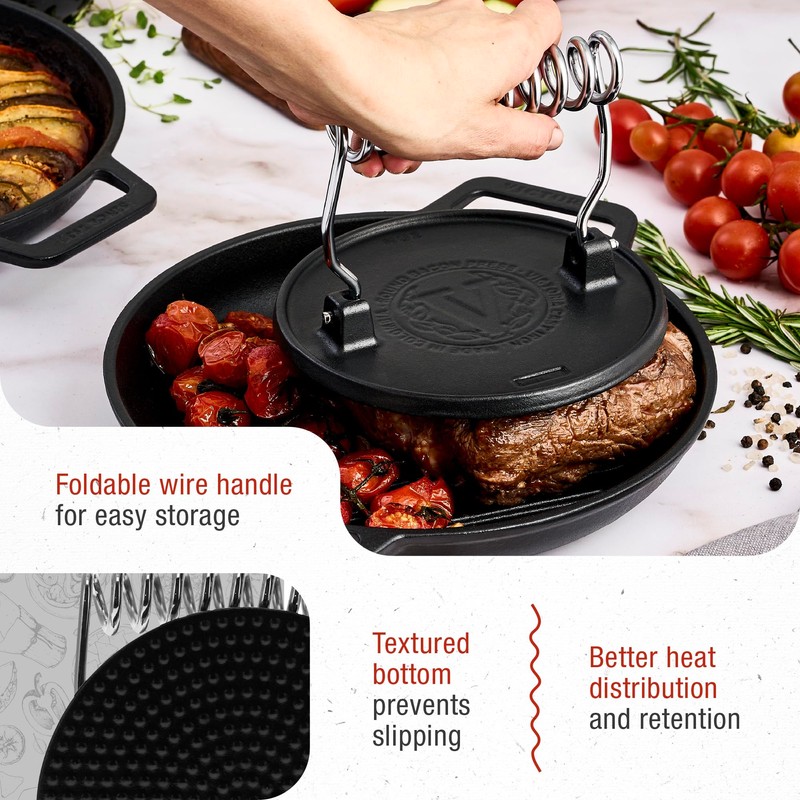 Victoria Round Cast Iron Meat Press with a Wire Handle,