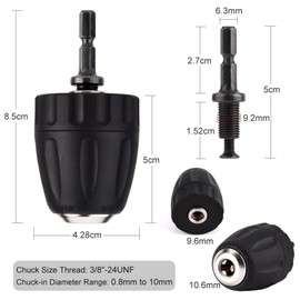 Keyless Drill Bit Chuck Clip, Hex and Round Shanks 3/8‑24UNF 0.8‑10MM Drill Chuck Change Adapter w/ 1/4'' Hex Shank Rod Adapter Keyless Chuck for Lathes and Drill Presses