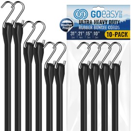 GOEASY0312 Rubber Bungee Cords with Hooks - Heavy Duty Max Stretch 1.8X & Over 180 LBS Load, 100% EPDM Bungee Straps, 10", 15", 21", 31" (10 Pack) for Cargo, Trucks & Outdoor Extreme Weather Use