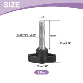 QUARKZMAN Pack of 4 T-wing Screws with Handles Thumb Screws, M8 x 40 mm Male Screw Knob 304 Stainless Steel Thumb Screw Handle 36 mm Diameter, Black