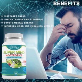 JeaKen Super Mind - Nootropics Cognitive Enhancer - Brain Boost Supplement with Natural Ingredients - Bacopa Monnieri - Rhodiola Rosea - Ginkgo Biloba - Vitamin B12-60 Vegan Capsules Made in USA
