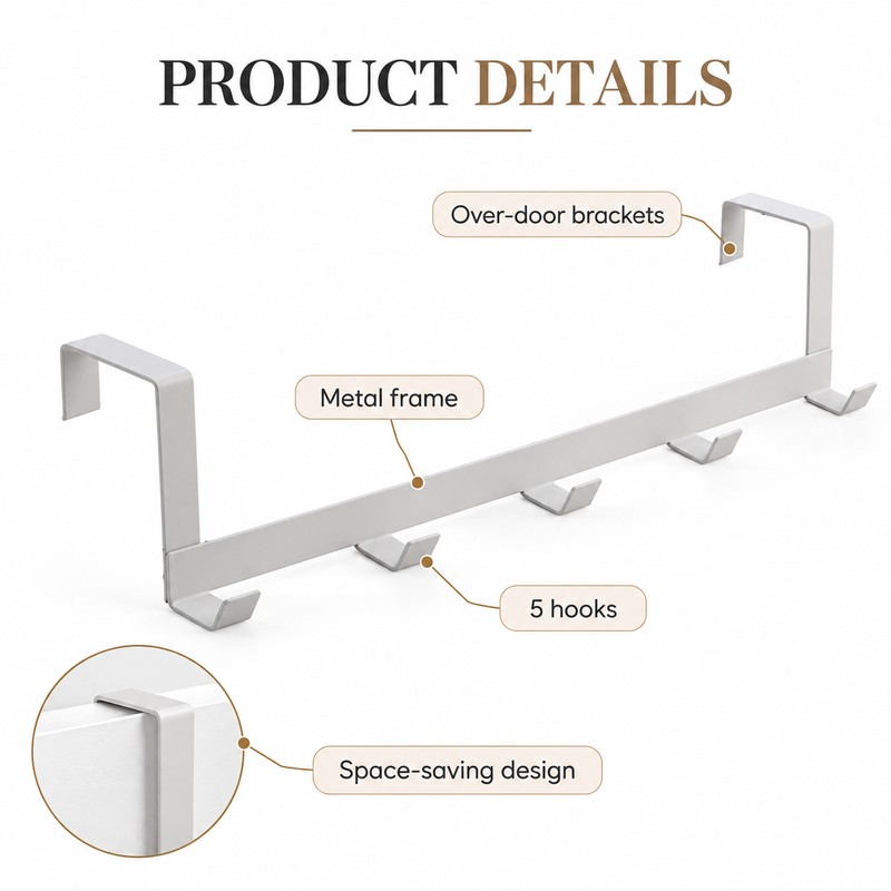 Over The Door Hook Hanger – 5-Hook Metal Door Organizer