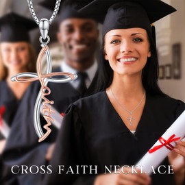 TRISHULA Cross Faith Necklace for Women, Mother's Day Gift 925 Sterling Silver Rose Gold Faith Cross Pendant Jesus Christian Jewelry Gift for Mom Daughter