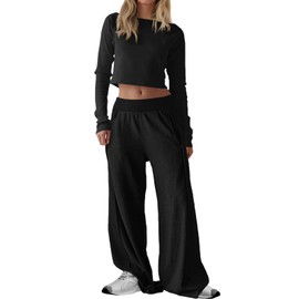 Fisoew Womens 2 Piece Sets Casual Off The Shoulder Long Sleeve Crop Tops Wide Leg Pants Tracksuit Lounge Travel Outfits