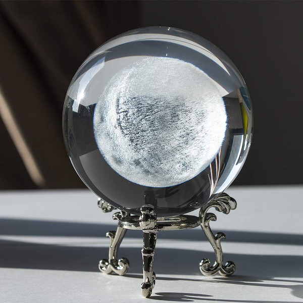 70mm (2.75 Inch) 3D Laser Gifts Moon Crystal Glass Ball with Metal Stand Home Decoration Paperweight