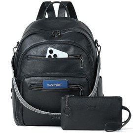 LATMAP Backpack Purse for Women Fashion Womens Backpack Shoulder Bag Leather Travel Back Pack Purses Daypack Handbag Ladies Daily, 2pcs Sets-Black