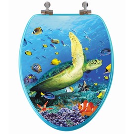 TOPSEAT 3D Ocean Series Elongated Toilet Seat w/Chromed Metal Hinges, Wood, Sea Turtle