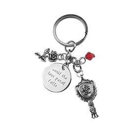Art Attack Enchanted Rose Keychain Until the Last Petal Falls Arise Charm Red Bead Party Favor Vintage Key Ring (Silver)