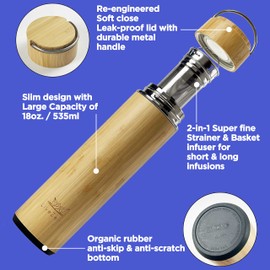 LiveZen 18oz Bamboo Tea Tumbler with Lid and 2 Pack Tea Filters for Loose Leaf Tea – Stainless Steel Insulated Tea Infuser Bottle with Strainer – Tea Gift Set for Tea Lovers Men Women