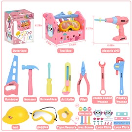 Gifts2U Girl Toy Tool Set Pretend Play Construction Tool Accessories Tool Toys with Hat Tool Box Tape Measure Toy Electric Drill Hammer