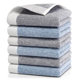 TMVOK Face Towels, Set of 6, 100% Cotton, Scandinavian Style, Stylish, Solid, 13.0 x 29.1 inches (33 x 74 cm), Water Absorbent, Quick Drying, Antibacterial, Odor Resistant, Fluffy, Sports Towel,