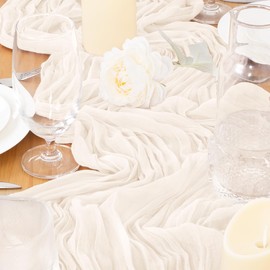 Jimtx Ivory Cheesecloth Table Runner 3pcs Summer Sheer Table Runners 22×120 inch 10FT Boho Gauze Table Cloth for Wedding Baby Shower Birthday Party Graduation Decorations