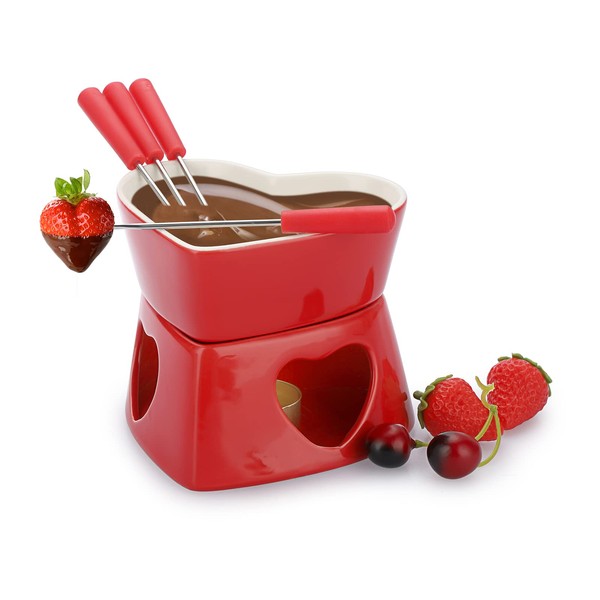 BSTKEY Red Ceramic Butter Warmer Set, Heart Shaped Fondue Pot