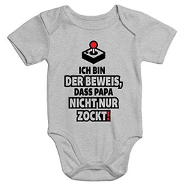 MoonWorks® Short-Sleeved Baby Bodysuit with German Text "Ich Bin der Beweis DASS Papa Nicht nur zockt Gamer Gamer" Funny, proof 3 grey