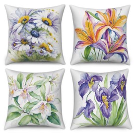 ASDCXZ Flower Pillow Cover 40x40 cm 4pcs Set, Spring Watercolor Purple White Flowers Green Leaves Sofa Deco Pillow Covers Pillow Cover Washable Polyester Textile Outdoor Pillow Cover Pillow Cover