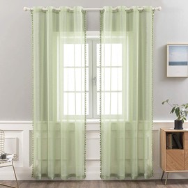 MIULEE Sheer Curtains Transparent with Pompoms Curtain Made of Voile Polyester Rod Pull Transparent Living Room Air Decorative Curtain for Bedroom Set of 2
