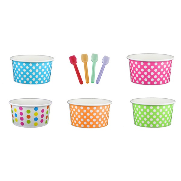 Black Cat Avenue Paper Ice Cream Cups with Spoons Combo, Polka Dot, Mix, 6 Ounce, 50 Pack