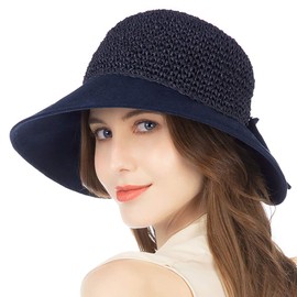 [NC] Straw Hat, Women's, Spring and Summer, Sun Hat, UV Protection, UV Protection, Wide Brim, Stylish, Small Face Effect, Velcro Adjustment, navy