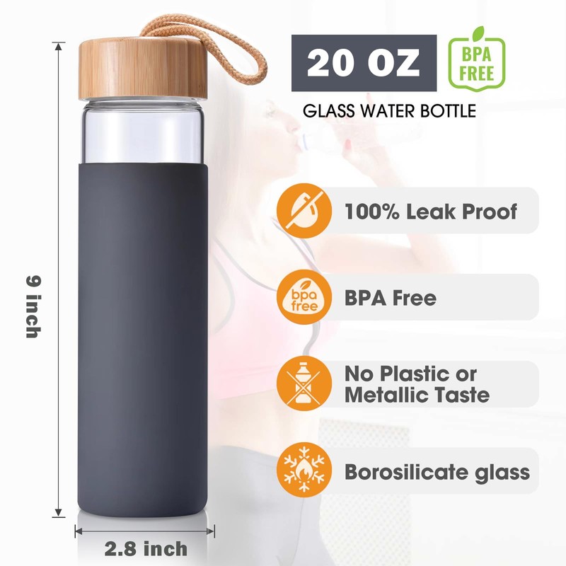 Yomious 20 Oz Borosilicate Glass Water Bottles with Silicone Sleeve