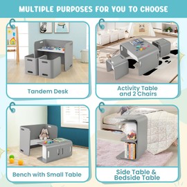 HONEY JOY Kids Table and Chair Set, Wood Baby Activity Table and 2 Stacking Chairs with Storage, for Reading, Eating, Arts, Crafts, Playroom, Toddler Table & Chair Set for Girls Boys, Grey