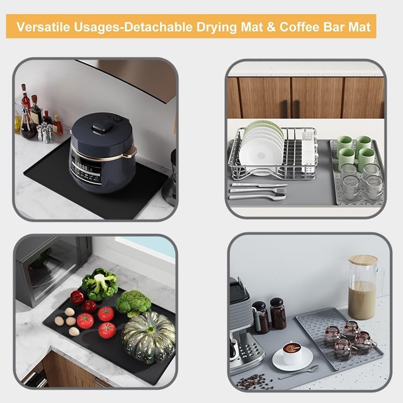 Silicone Coffee Mat,16''x24'' Coffee Bar Mat with Detachable Dish Drying