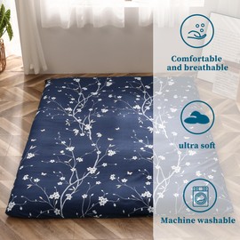 MAXYOYO Mattress Cover for Traditional Japanese Futon Mattress, Futon Floor Mats Cover with Zipper, Super Soft and Machine Washable, Navy Floral, Full