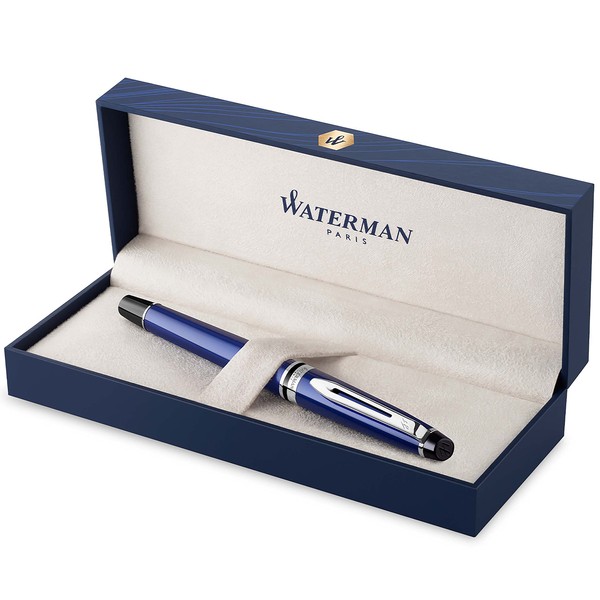 Waterman Expert Rollerball Pen, Blue with Chrome Trim, Fine Point with Black Refill, Gift Box