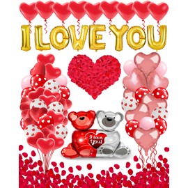 Lutoys Valentines Balloon Kit Decor with I Love You Balloons, Heart Balloons with 1000 Pcs Silk Red Rose Petals for Valentines Day Galentines Party Decorations Proposal Wedding Anniversary Decor